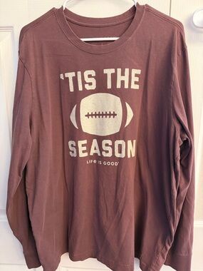 Life Is Good Mauve Long Sleeve Tee with White Football Graphic